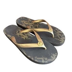 Michael Kors Flip Flops MK Jet Set PVC Logo Signature Thong Sandals Gold Black 9
